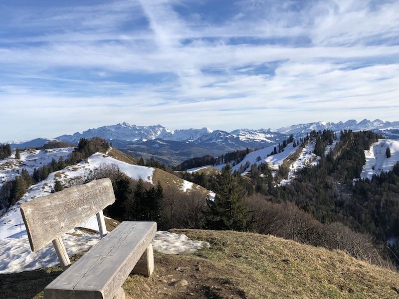 11_Die Chrüzegg mit ihrer schönen Gipfelbank. Im Hintergrund Säntis und Churfirsten, rechts der Tweralpspitz