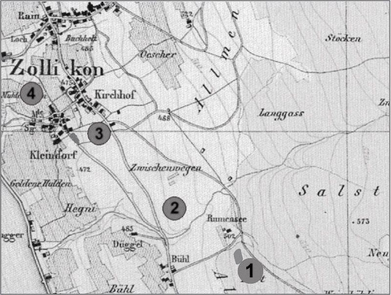 Das Wasser des «alten» Rumensees (1) wurde via Düggelbach (2) und «Mühlibächli» in den Teich im Zolliker Kleindorf (3) geleitet, von wo es in einem offenen Kanal zur Mühle und zur Sägerei (4) floss (Grafiken: rs)