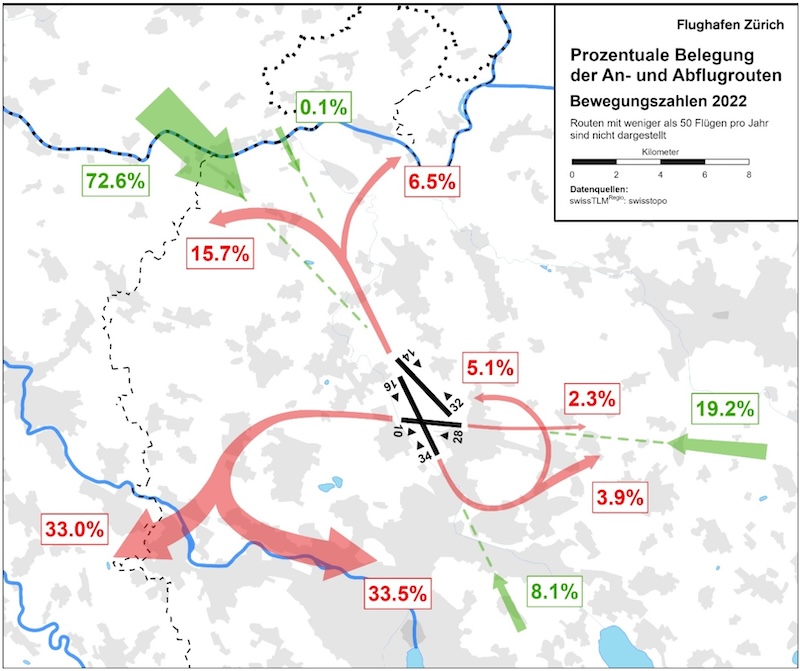 Karte Verteilung der Anflüge auf Kloten