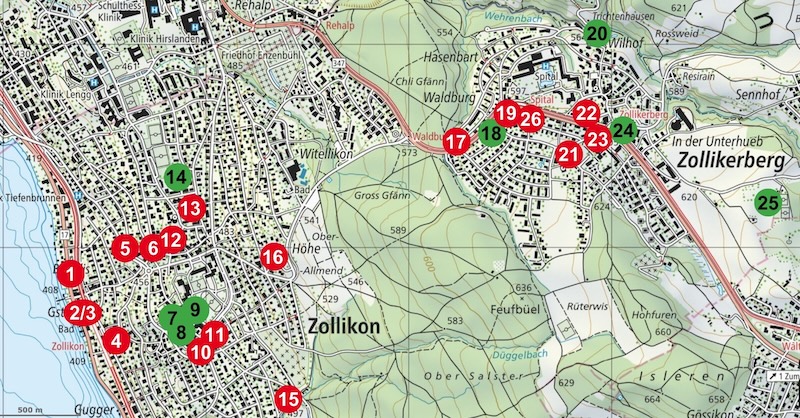 Rot: «Gestorbene» Gaststätten. Grün: Bestehende Gaststätten (Grafik: ZN)
