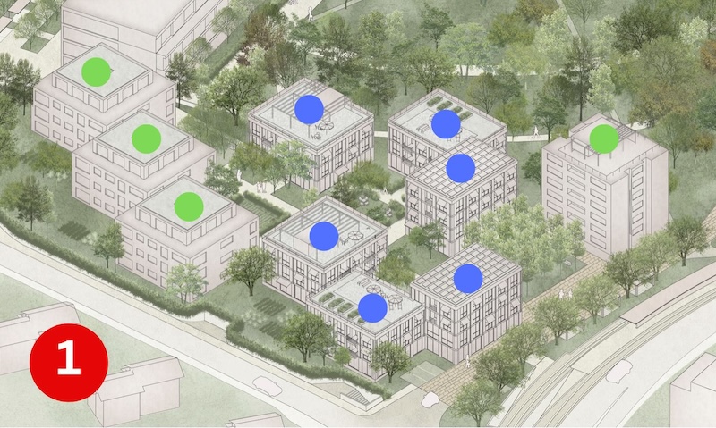 Grüne Punkte: Gebäude bleiben erhalten. Blaue Punkte: Neubauten