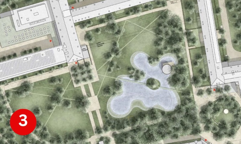 Park mit vergrössertem Weiher im Zentrum der Anlage