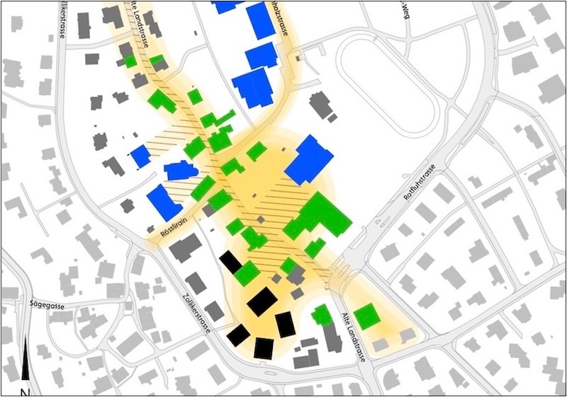 Begegnungszone im Dorf: gelb und schraffiert (Abb. «Leitbild Ortskern», 2016)