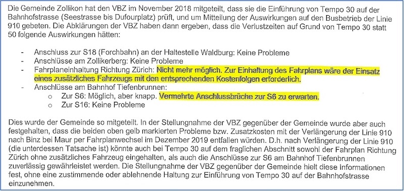 Stellungnahme der VBZ zu möglichen Verspätungen wegen Tempo 30