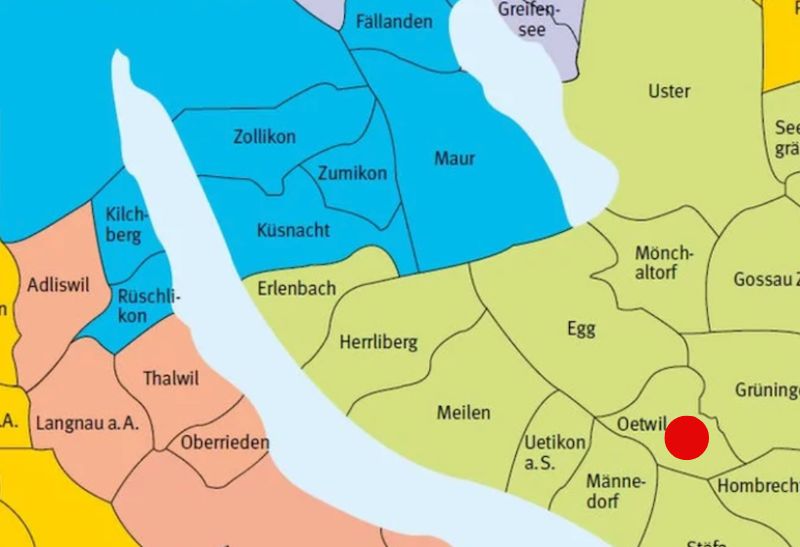 VBZ-Marktgebiet (blau), VZO (grün), Halle in Oetwil (roter Punkt, Abb. ZVV/ZN)