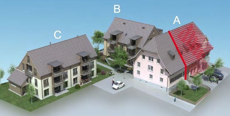 Historischer Bauernhof A: Widerrechtlich zu zwei Dritteln abgebrochen (schraffierter Teil)